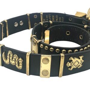 Vintage Donna Katz Black Bonded Leather Belt Gold Accent & Rivets Spirit Animals